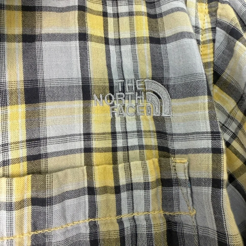 The North Face Mens XL Short Sleeve Plaid Button Down Shirt Yellow Grey Check